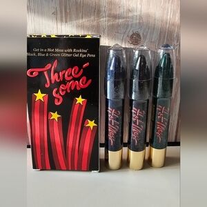 ROCKINS COSMETICS Hot Mess Threesome Glitter Gel Eye Pens 3-Pk, Black/Blue/Green